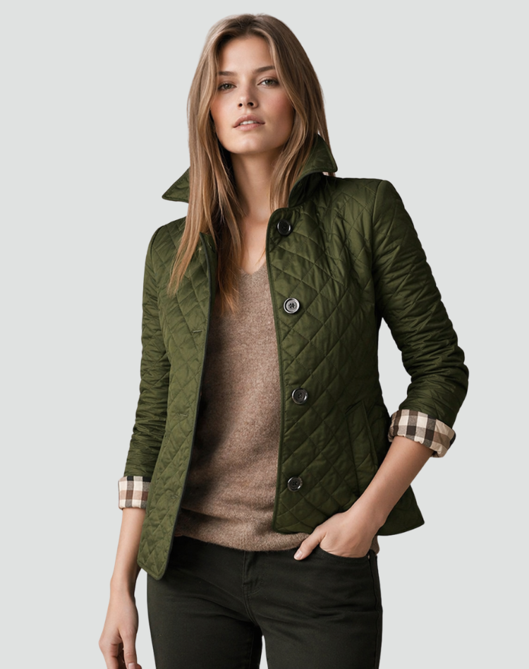 Stylish women's quilted jacket. Lightweight design, button-front closure, and structured collar for casual wear.
