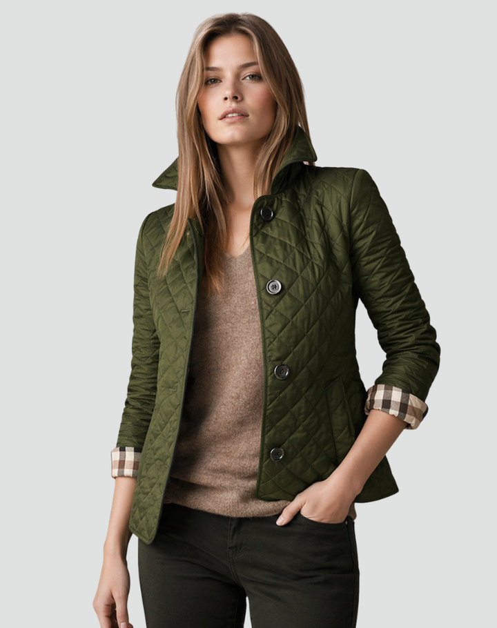 Stylish women's quilted jacket. Lightweight design, button-front closure, and structured collar for casual wear.