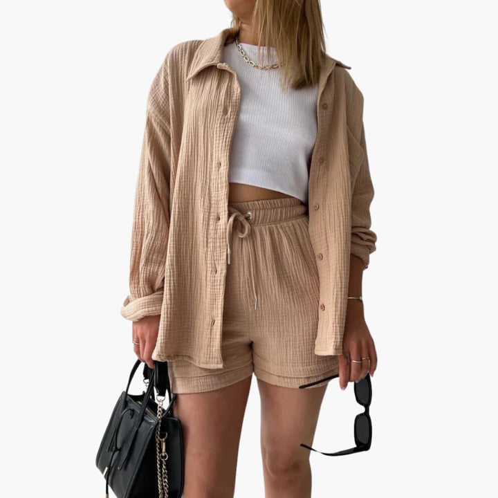 Women's lightweight two-piece casual set, relaxed fit, perfect for summer lounge or beachwear.