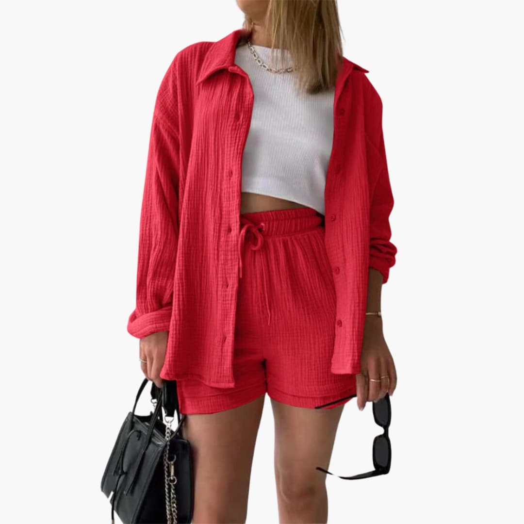 Model showcases a women's lightweight two-piece casual set in a bright, relaxed style.