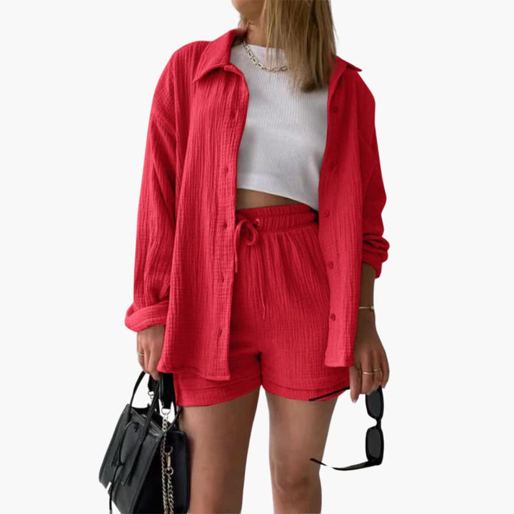 Model showcases a women's lightweight two-piece casual set in a bright, relaxed style.