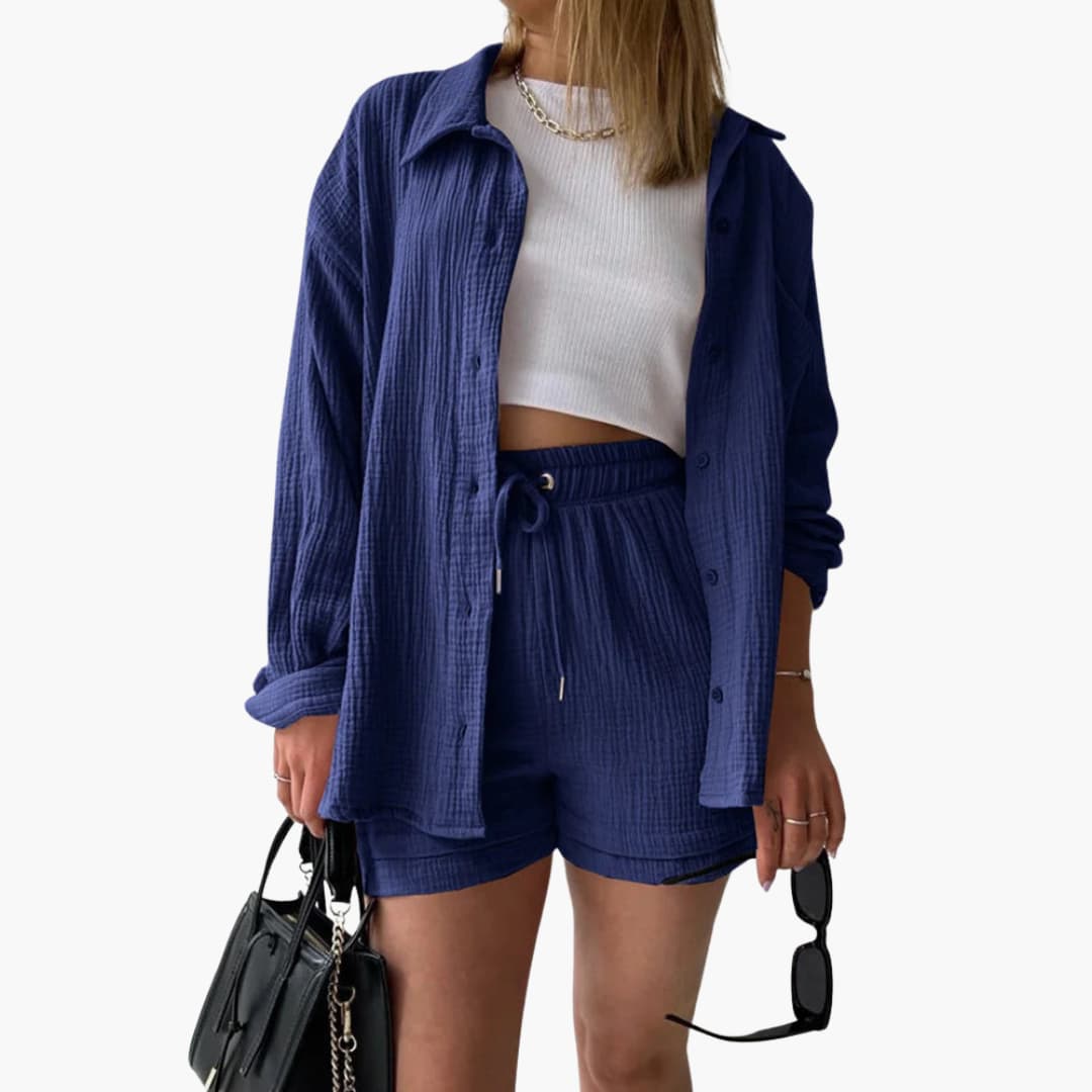 Women's versatile lounge set, lightweight top & shorts, designed for comfort and relaxed style.