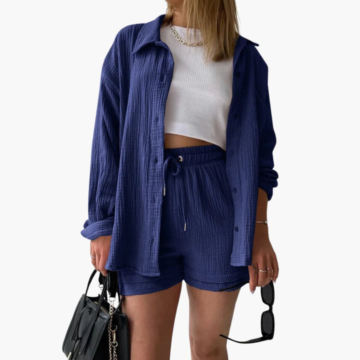 Women's versatile lounge set, lightweight top & shorts, designed for comfort and relaxed style.