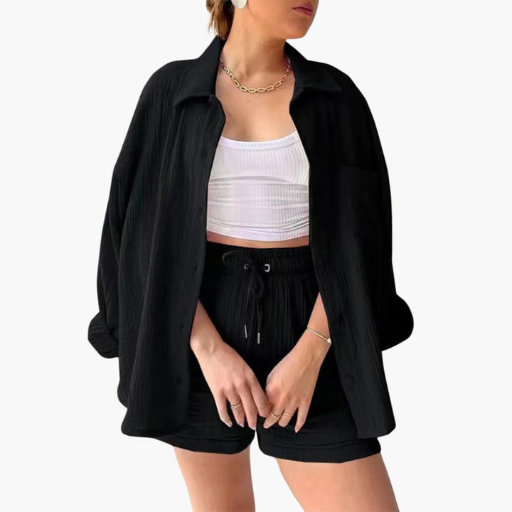 Women's versatile two-piece outfit, lightweight and relaxed fit, ideal for beach or casual wear.