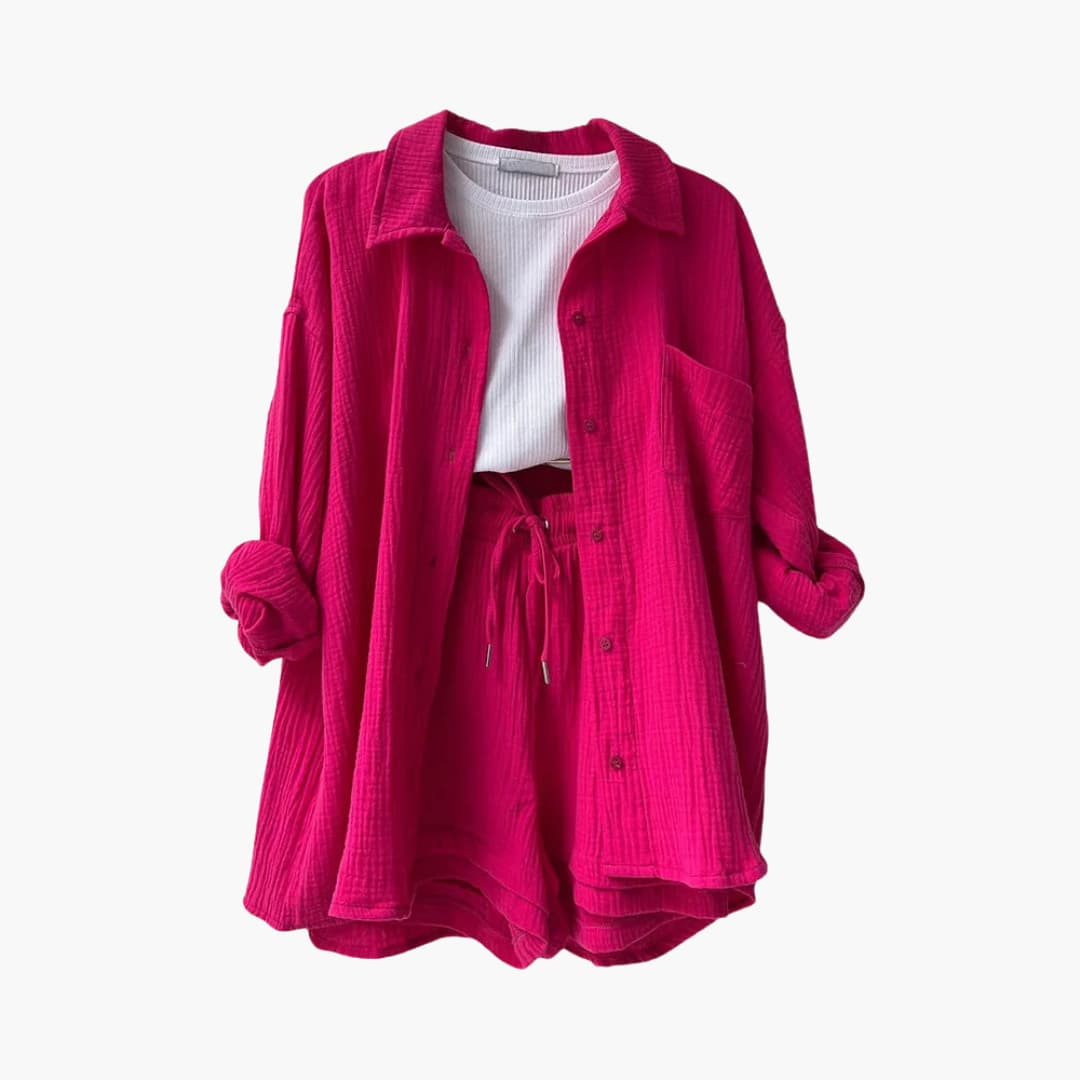 Stylish women's two-piece outfit, lightweight fabric, versatile for beach or comfortable lounging.
