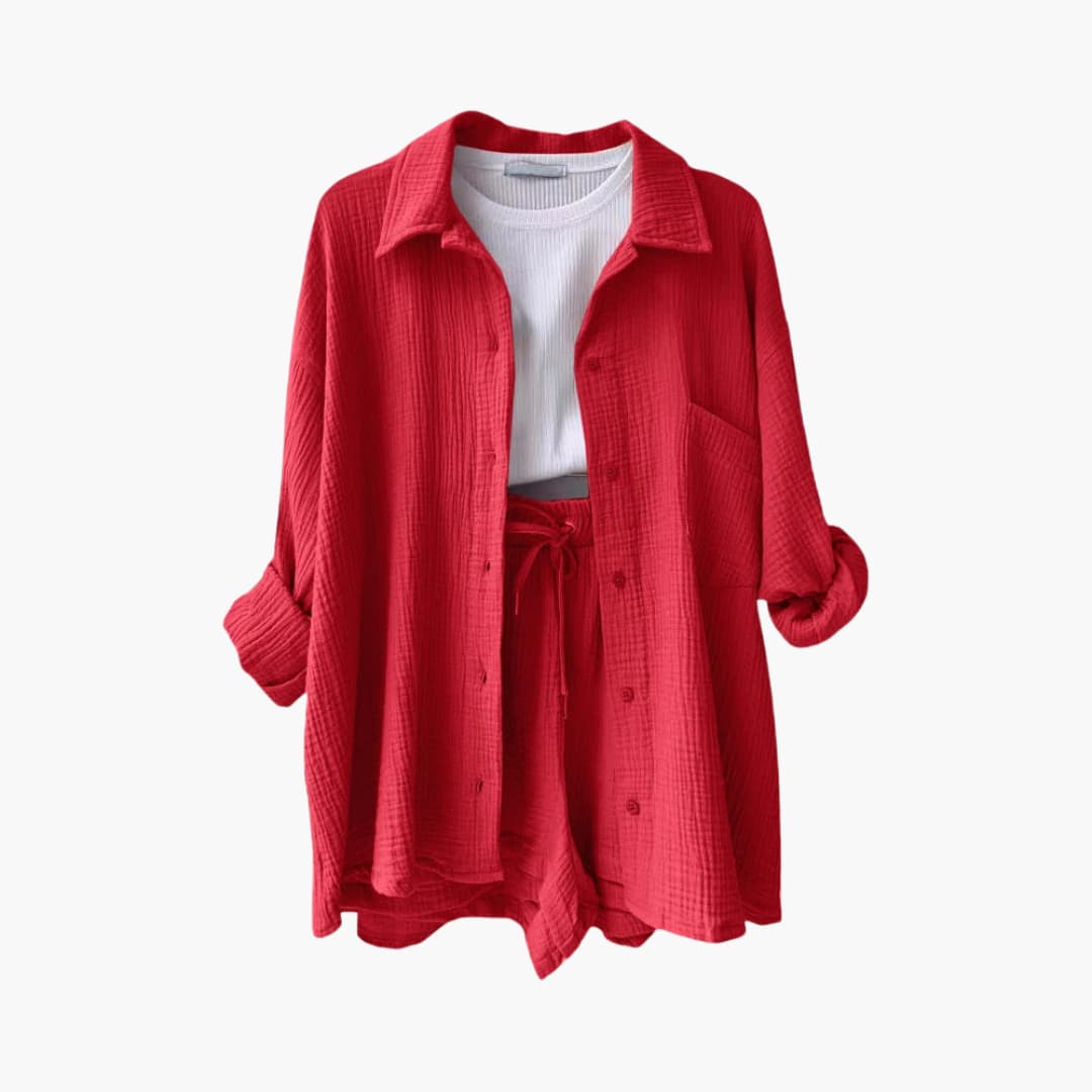 Relaxed fit women's summer set in a vibrant color, breathable matching top & pants outfit.