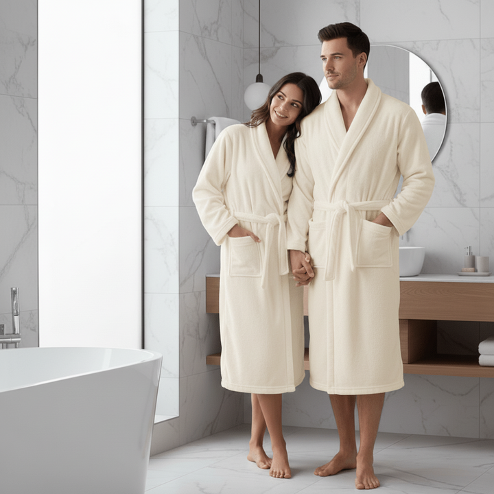 Soft women's lightweight winter robe, cozy wrap with belt & pockets, perfect for relaxation & spa.