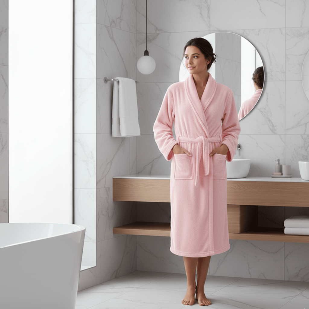 Comfortable women's winter loungewear robe, a soft gift for her, with belt and practical side pockets.
