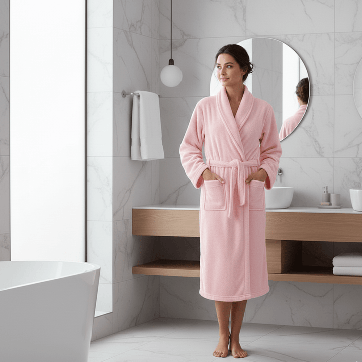 Comfortable women's winter loungewear robe, a soft gift for her, with belt and practical side pockets.