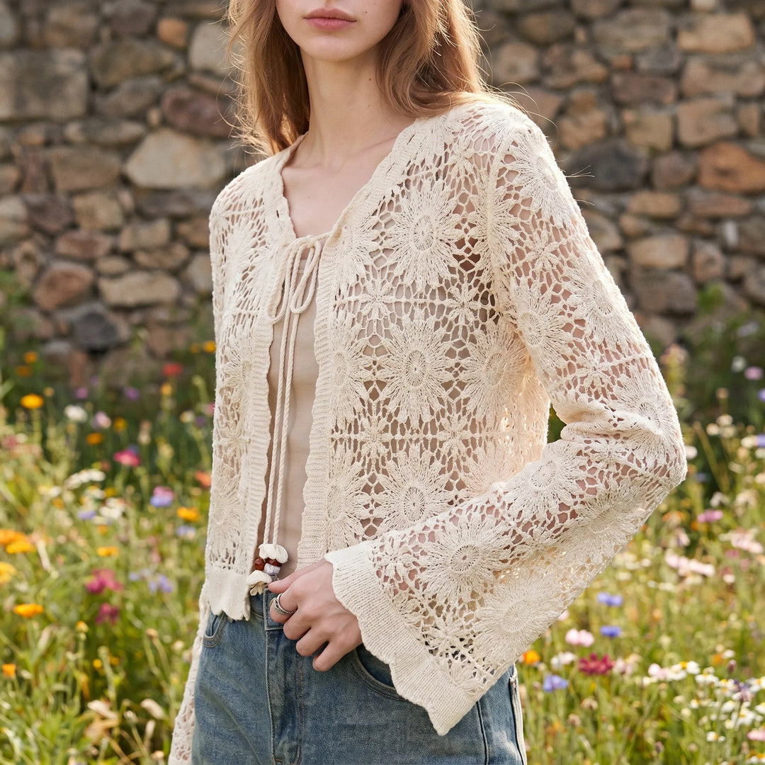 Women's lilac floral openwork cardigan with tie front and bell sleeves, perfect lightweight summer layer.