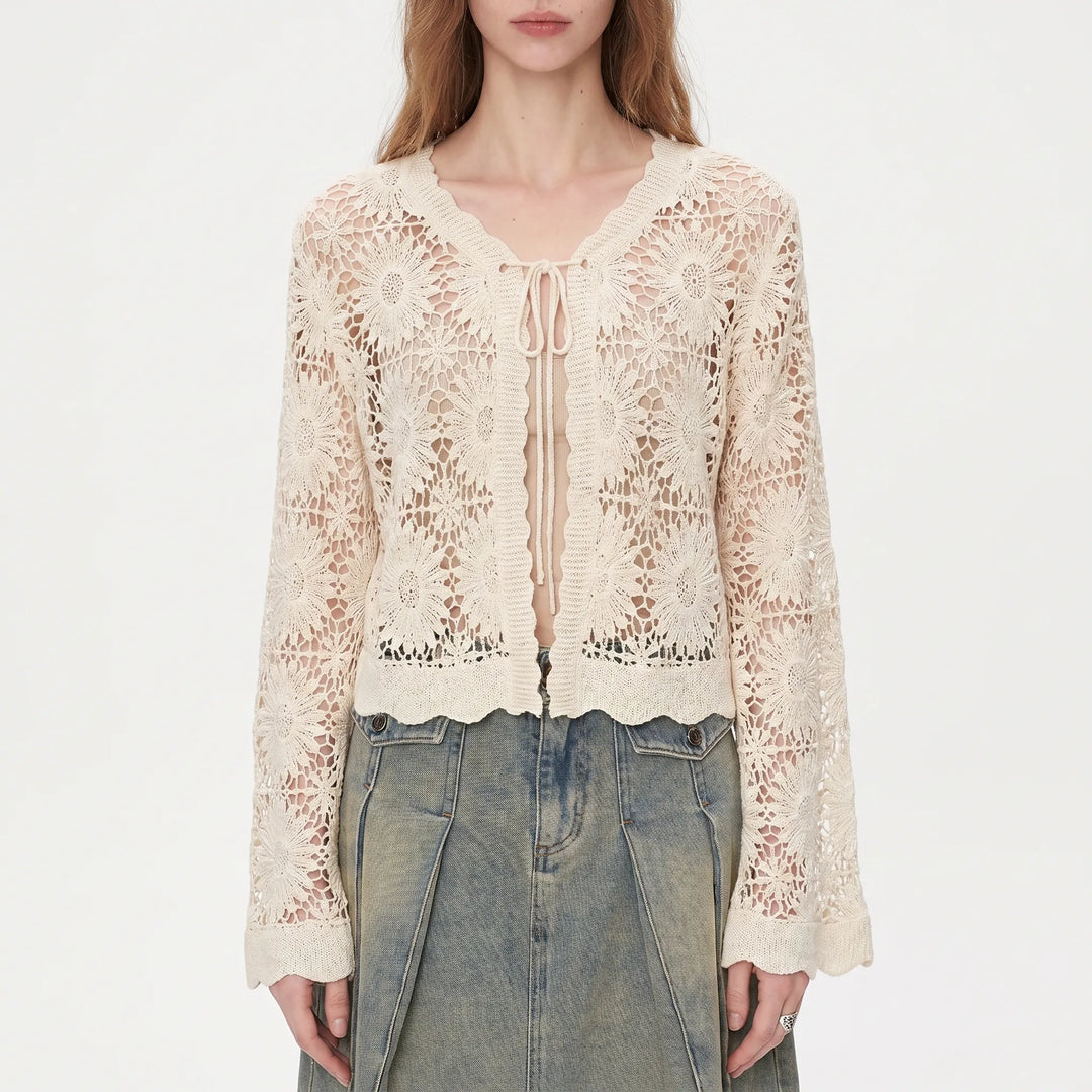 Women's bohemian lilac floral openwork cardigan, a chic and lightweight summer layer with pretty bell sleeves.