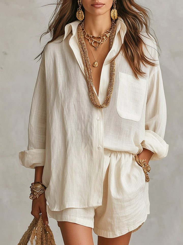 Women's linen-look short set, button-front long sleeve, relaxed fit. Perfect for casual summer wear.
