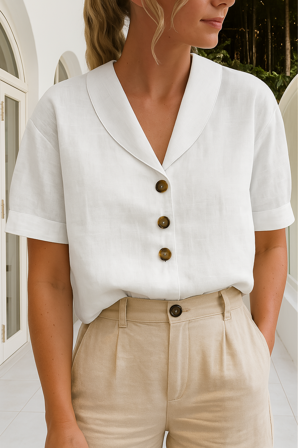 Women's linen short sleeve relaxed fit t-shirt, perfect for casual everyday wear. Comfortable summer top.