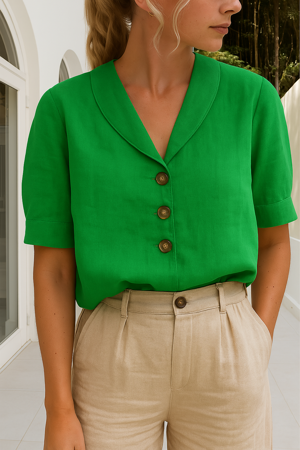 Comfortable women's linen t-shirt with a relaxed fit and short sleeves, ideal for versatile casual styling.