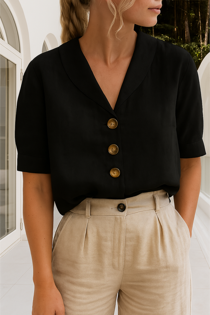 Front view of a women's relaxed fit linen t-shirt with short sleeves, a comfortable and stylish summer top.
