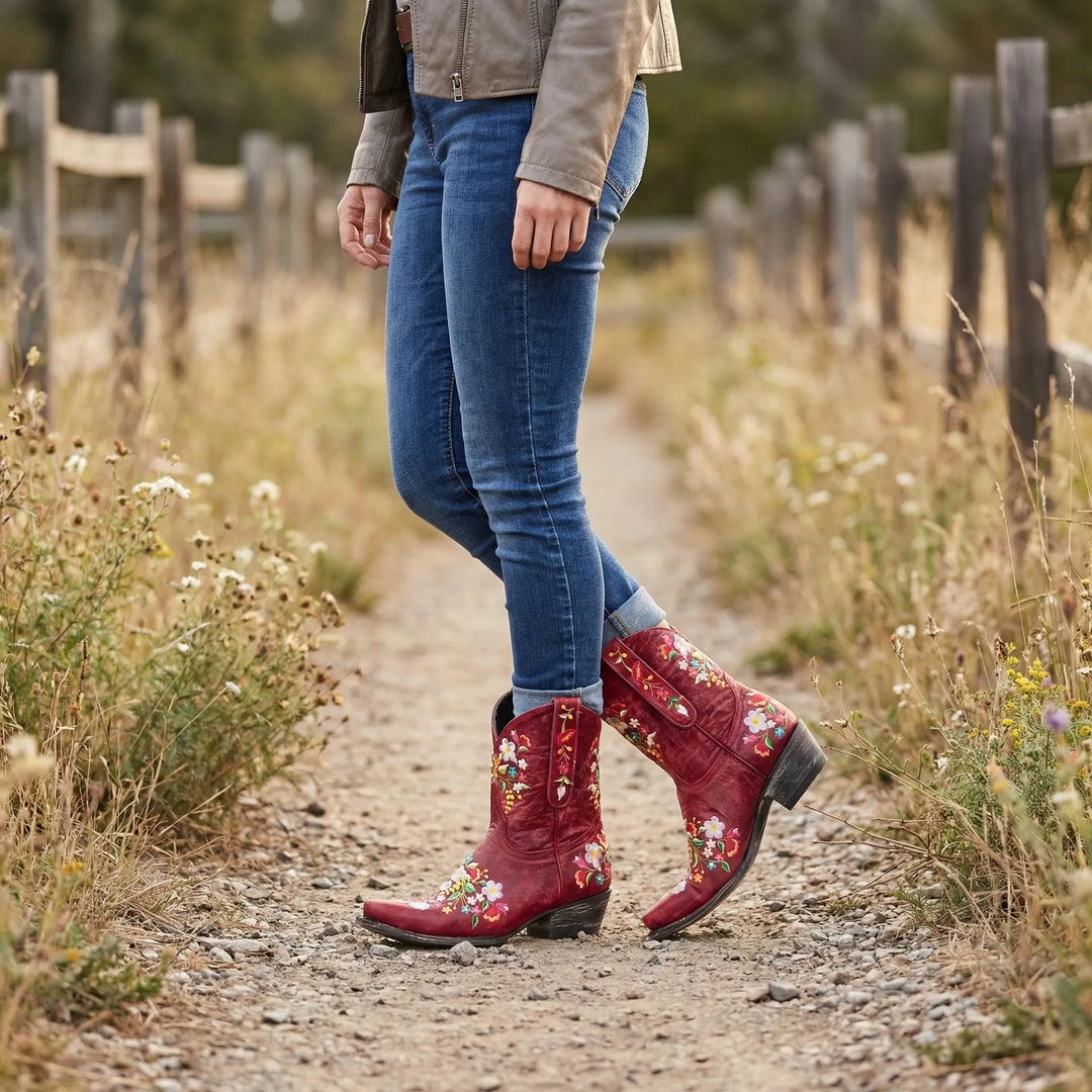 Women's Lisa Western ankle boots with intricate floral embroidery, perfect for festivals & everyday wear.