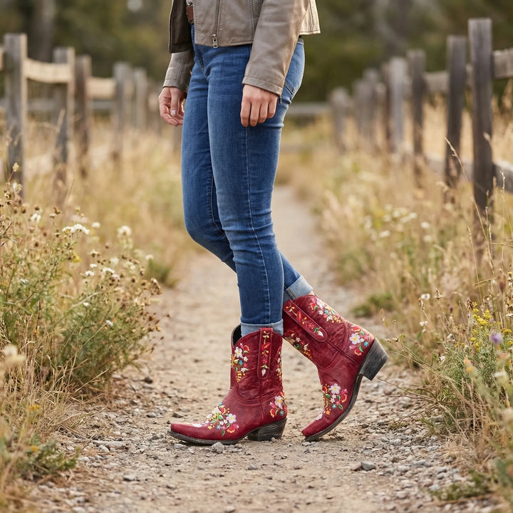 Women's Lisa Western ankle boots with intricate floral embroidery, perfect for festivals & everyday wear.