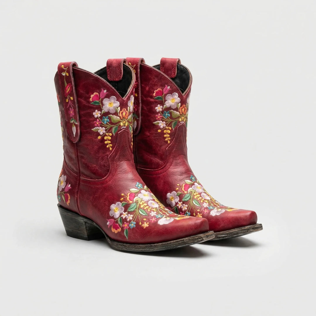 Fashionable women's floral embroidered Western ankle boots, Lisa style, featuring a comfortable block heel.