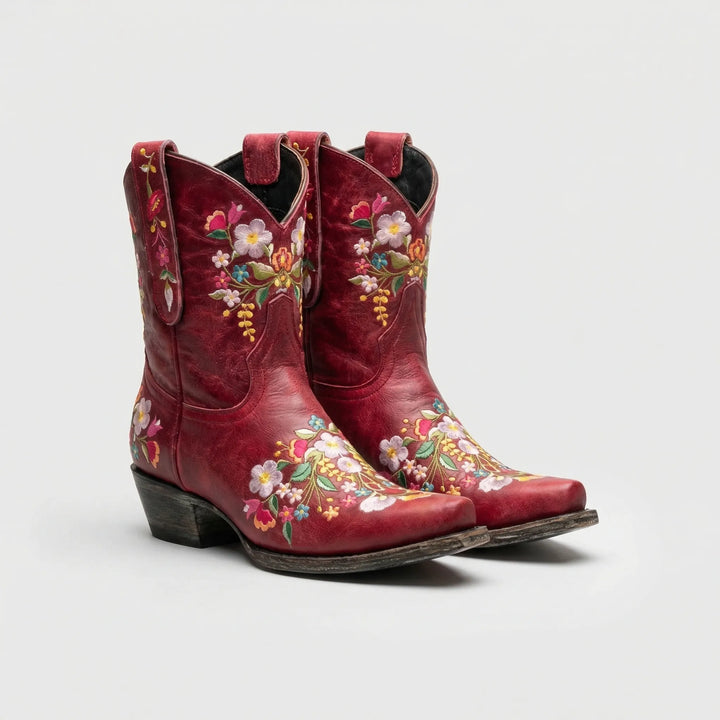 Fashionable women's floral embroidered Western ankle boots, Lisa style, featuring a comfortable block heel.