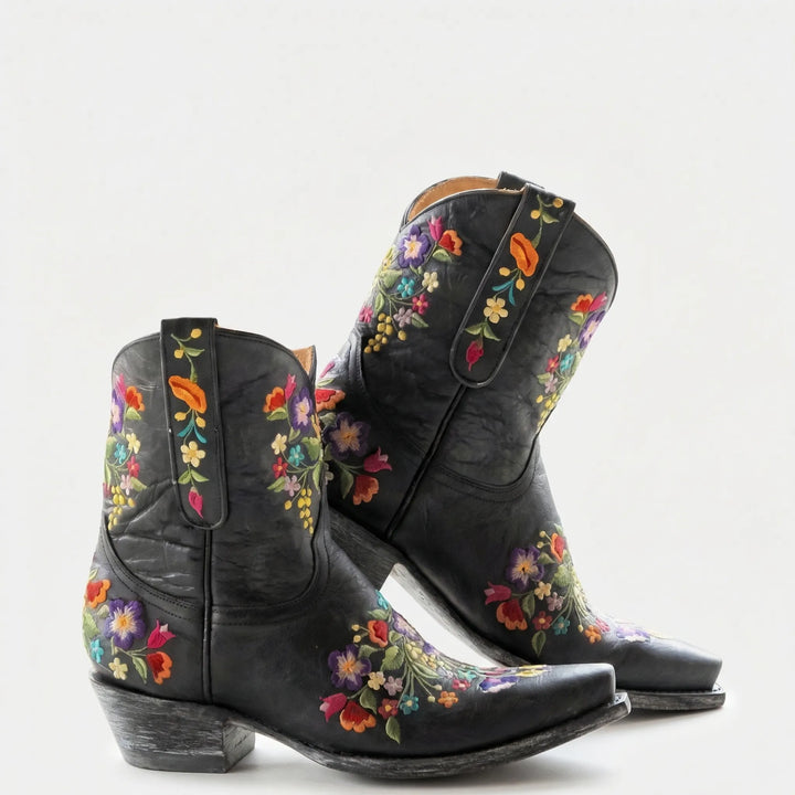 Statement women's floral embroidered Western ankle boots, Lisa, ideal for fashion-forward festival outfits.