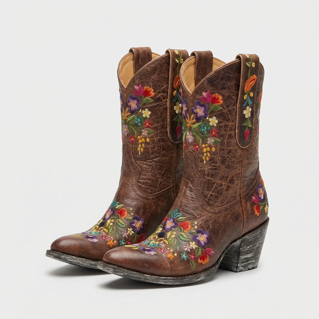 Women's pull-on ankle boots, Lisa Western style, showcasing detailed floral embroidery and a practical block heel.