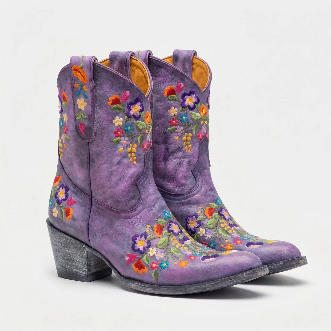 Everyday women's cowboy ankle boots, Lisa, with beautiful floral embroidery, offering unique style and comfort.