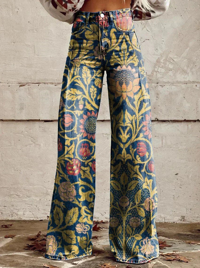 Trendy women's floral patterned long fit baggy jeans for summer style.