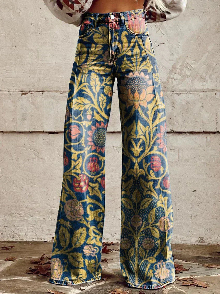 Trendy women's floral patterned long fit baggy jeans for summer style.