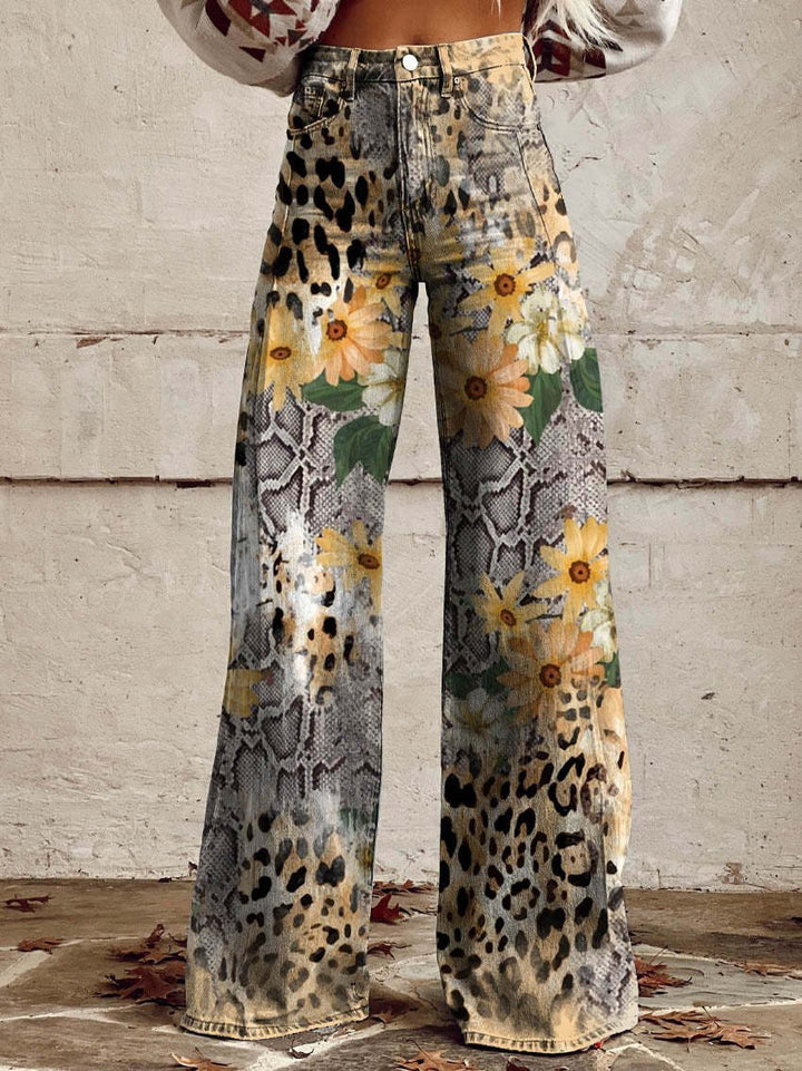 Stylish patterned baggy jeans, women's long fit floral denim for summer fashion.