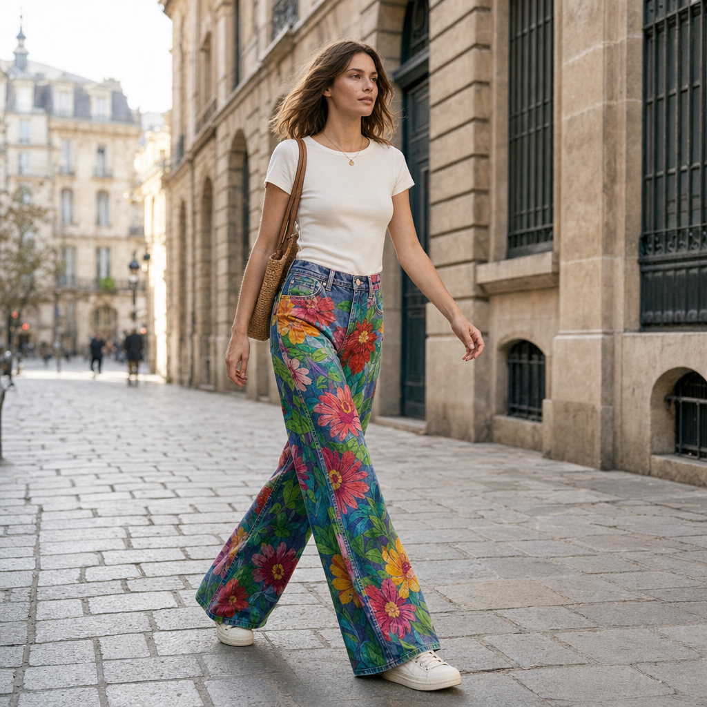 Fashionable women's baggy jeans, comfortable long fit wide leg pants.