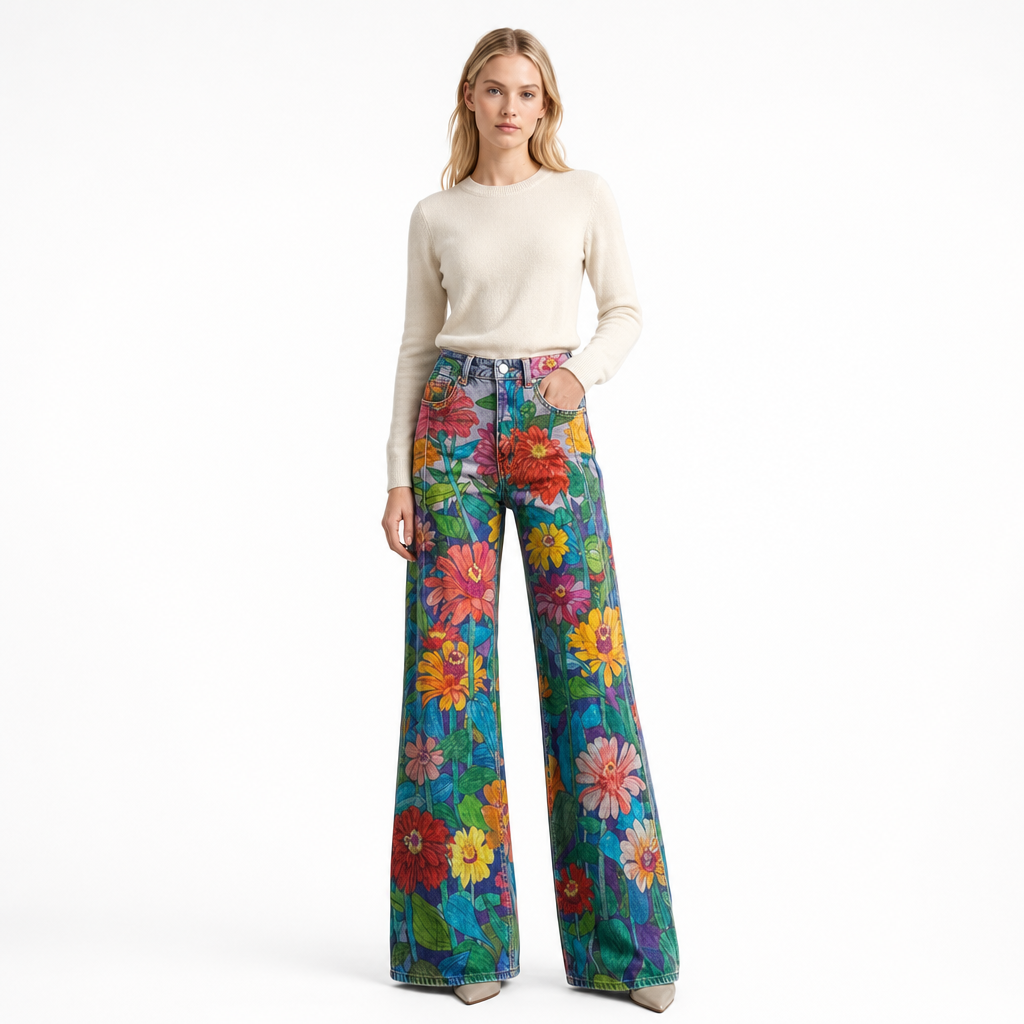 Trendy floral patterned baggy jeans for women, perfect for summer casual wear.