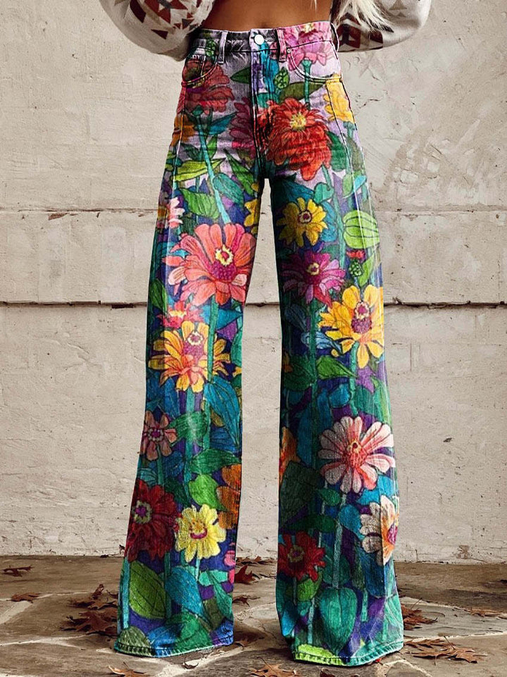 Stylish women's floral baggy jeans, patterned long fit for trendy summer outfits.