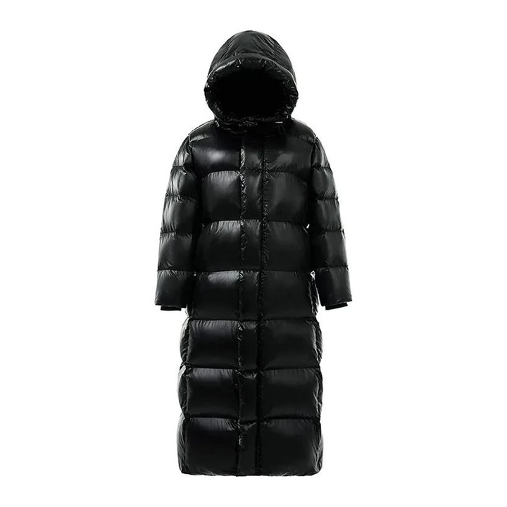 Stylish women's maxi quilted hooded winter coat, ideal for cold weather fashion and outdoor warmth.