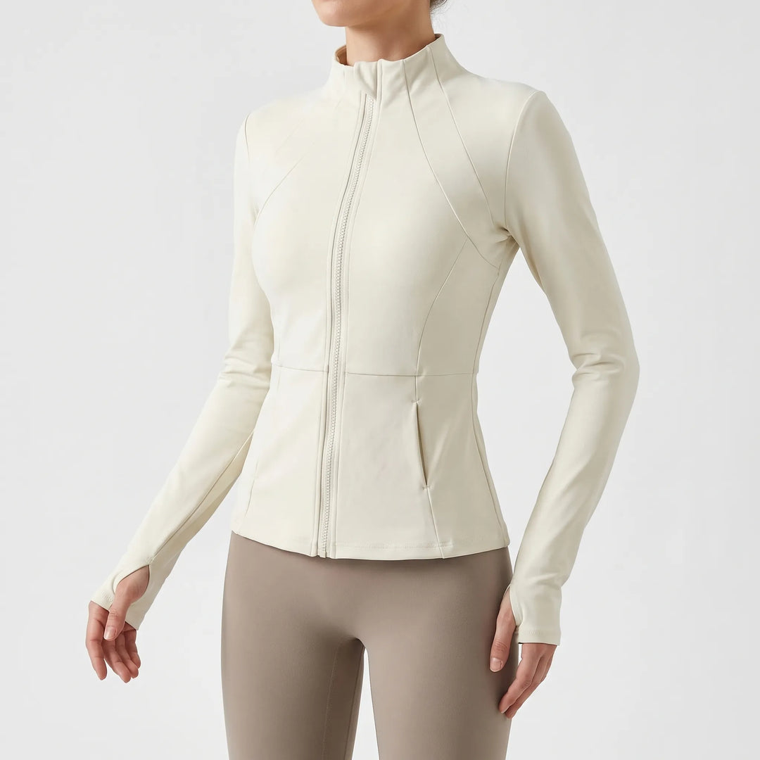 Fitted women's running jacket with thumbholes for comfort during outdoor training & fitness activities.