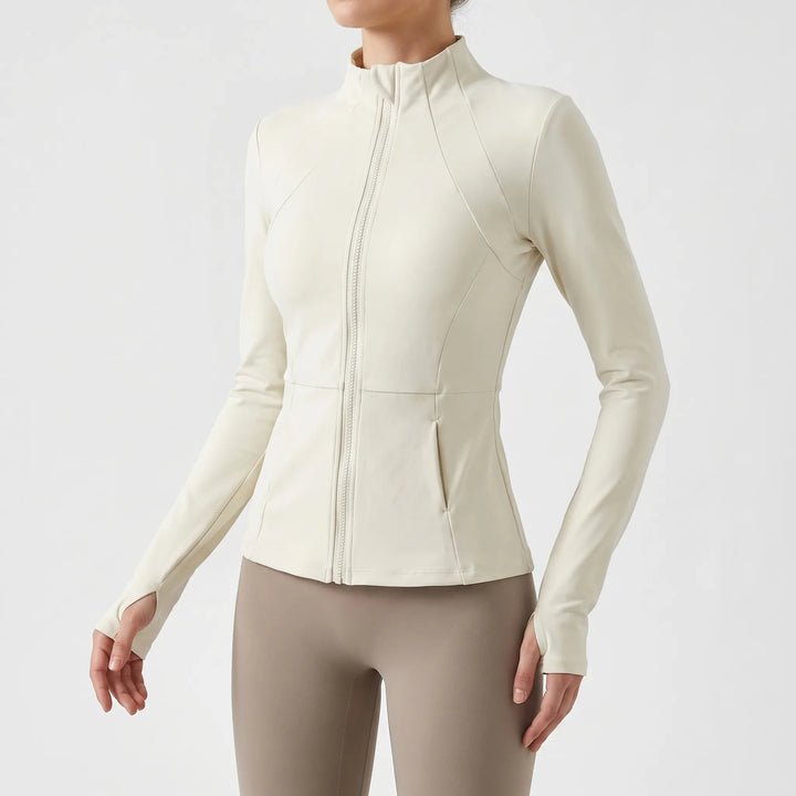 Fitted women's running jacket with thumbholes for comfort during outdoor training & fitness activities.