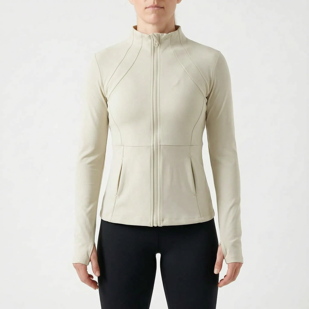 Stylish women's activewear jacket with thumbholes, long-sleeved for gym, running, and daily wear.