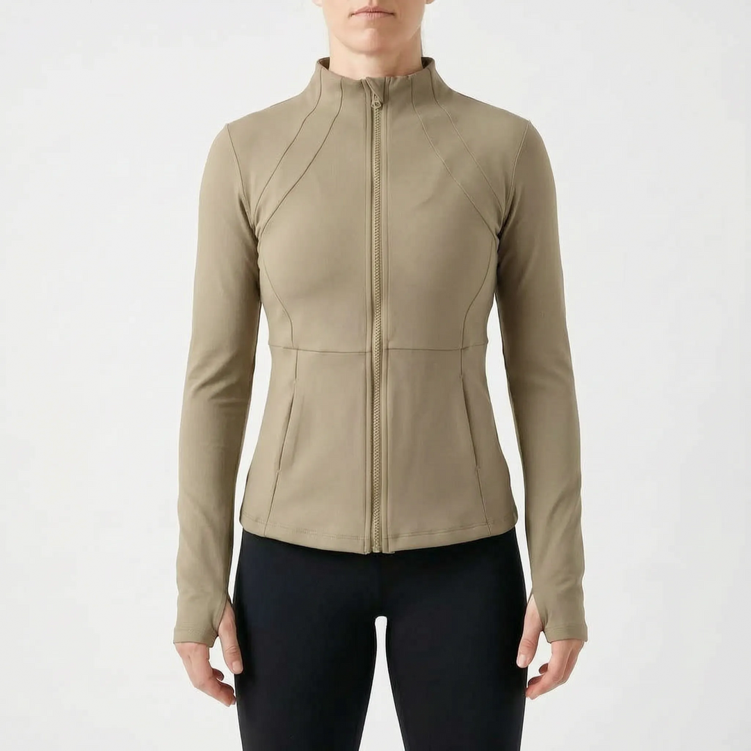 Durable women's long-sleeve sport jacket with thumbholes, excellent for chilly runs and outdoor workouts.