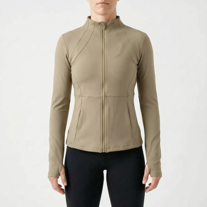 Durable women's long-sleeve sport jacket with thumbholes, excellent for chilly runs and outdoor workouts.