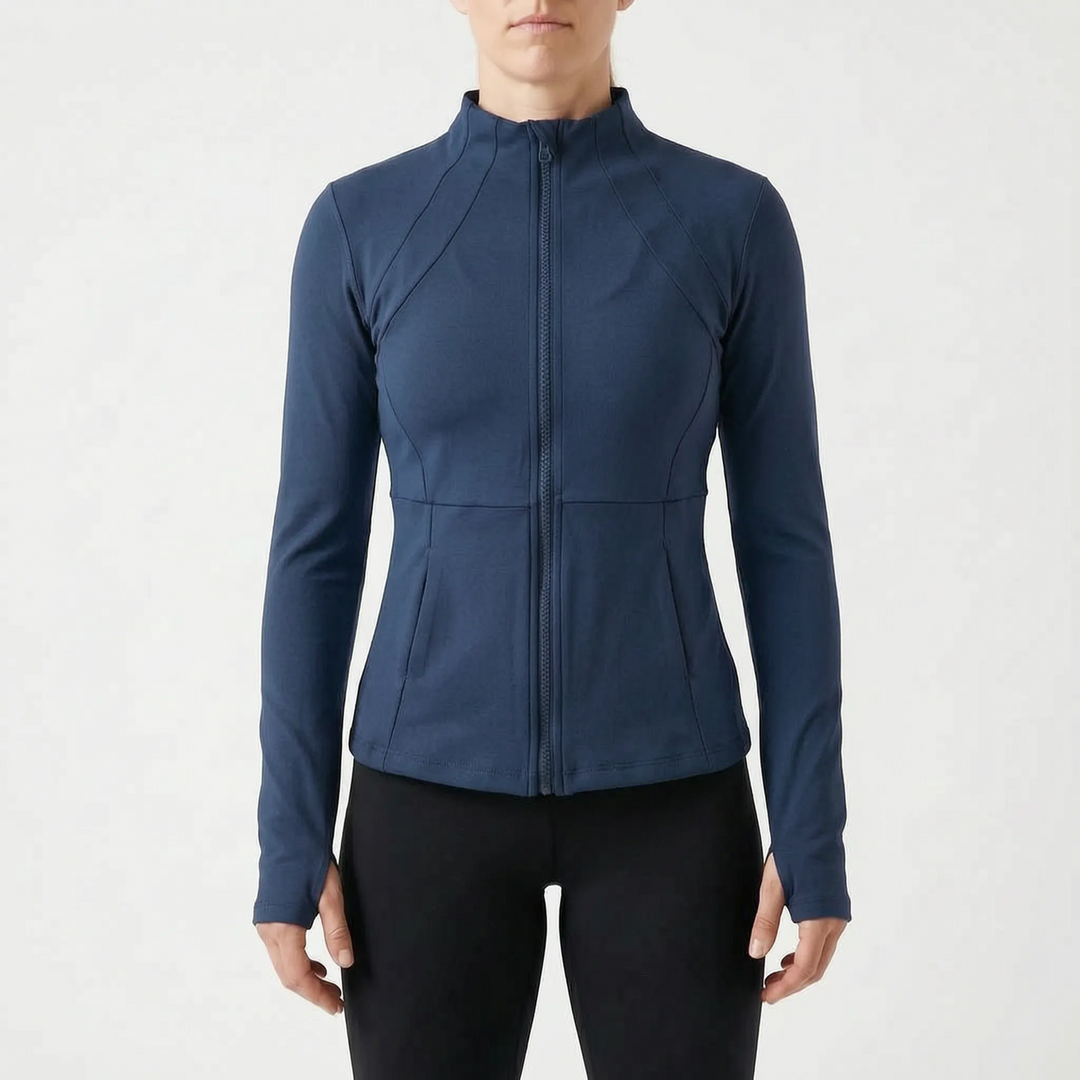 Versatile women's athletic jacket with thumbholes, a key piece for fitness, yoga, and active lifestyles.