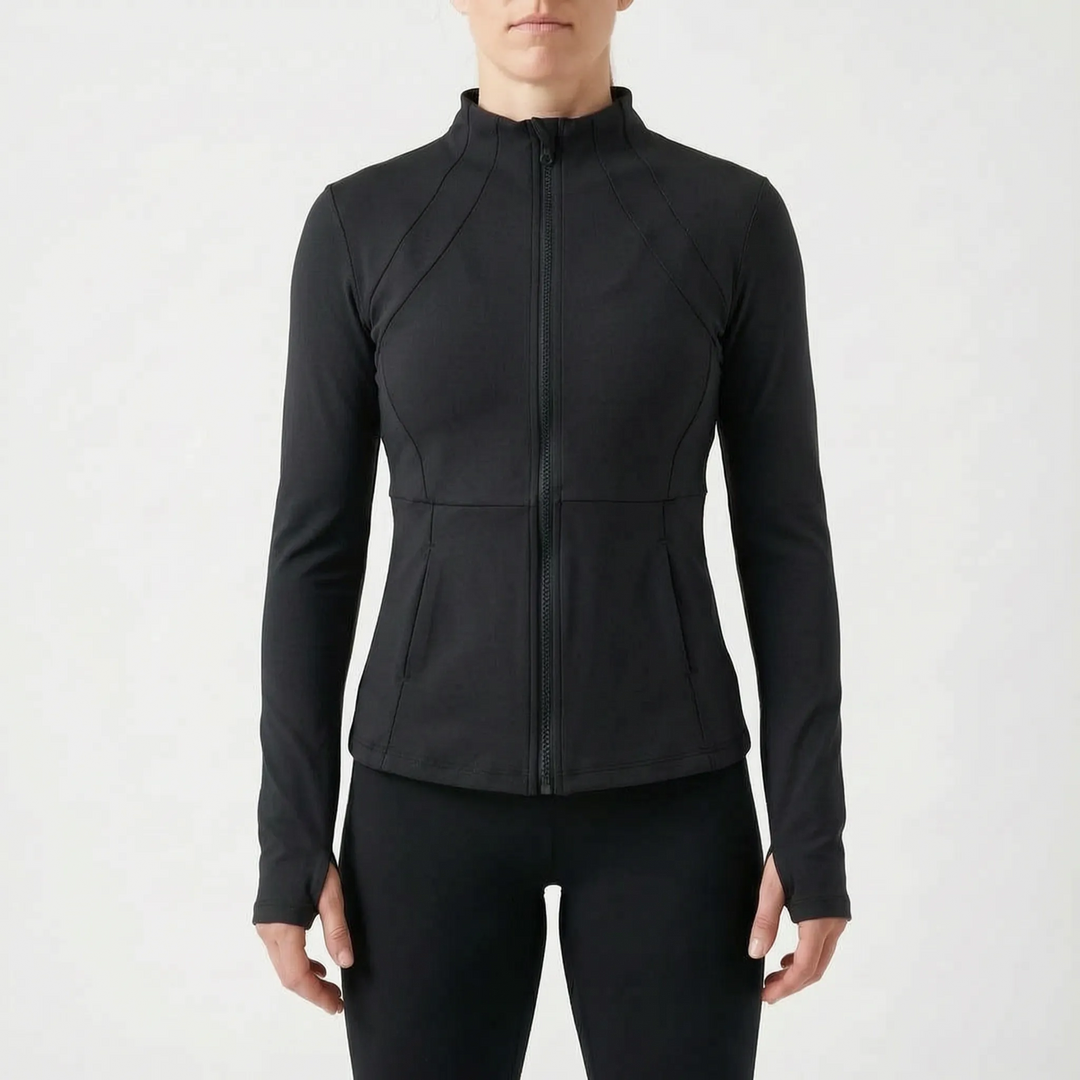 High-performance women's active jacket with thumbholes, designed for running, training, and athletic pursuits.