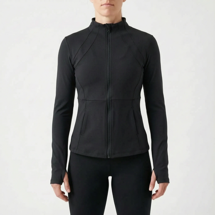 High-performance women's active jacket with thumbholes, designed for running, training, and athletic pursuits.