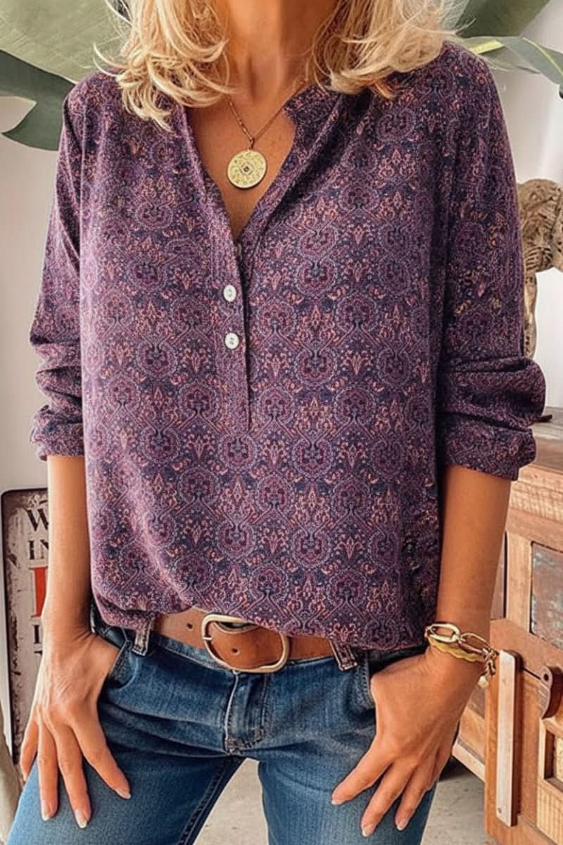 Versatile women's long sleeve blouse. Artistic vintage print, suitable for casual outings or office fashion.