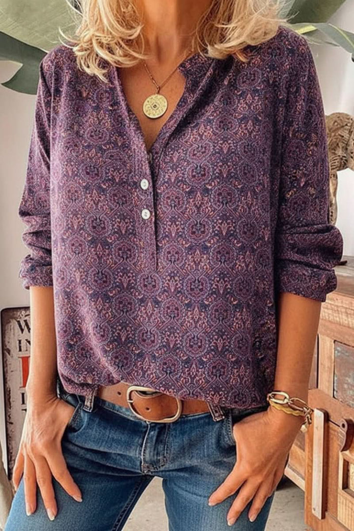Versatile women's long sleeve blouse. Artistic vintage print, suitable for casual outings or office fashion.