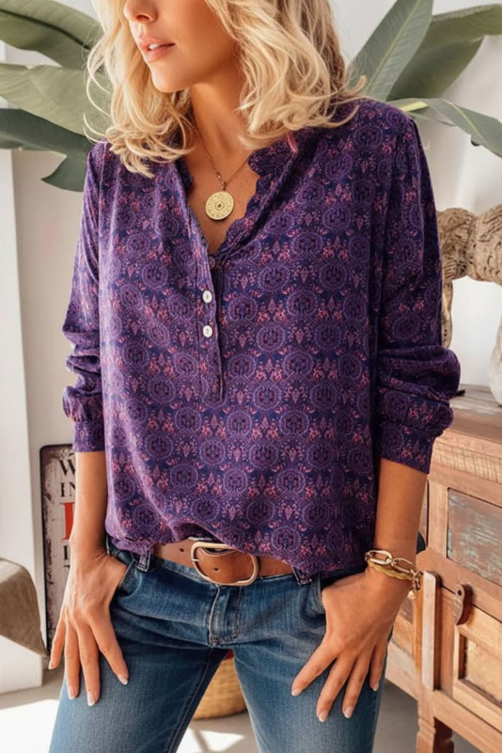 Elegant women's blouse, long sleeve with unique artistic vintage pattern. Chic and comfortable for any occasion.