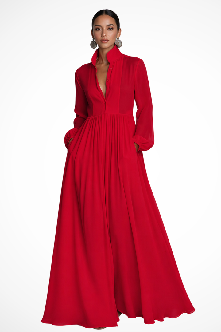 Stylish women's maxi dress with long sleeves, a button front, and useful pockets. Versatile ladies fashion.