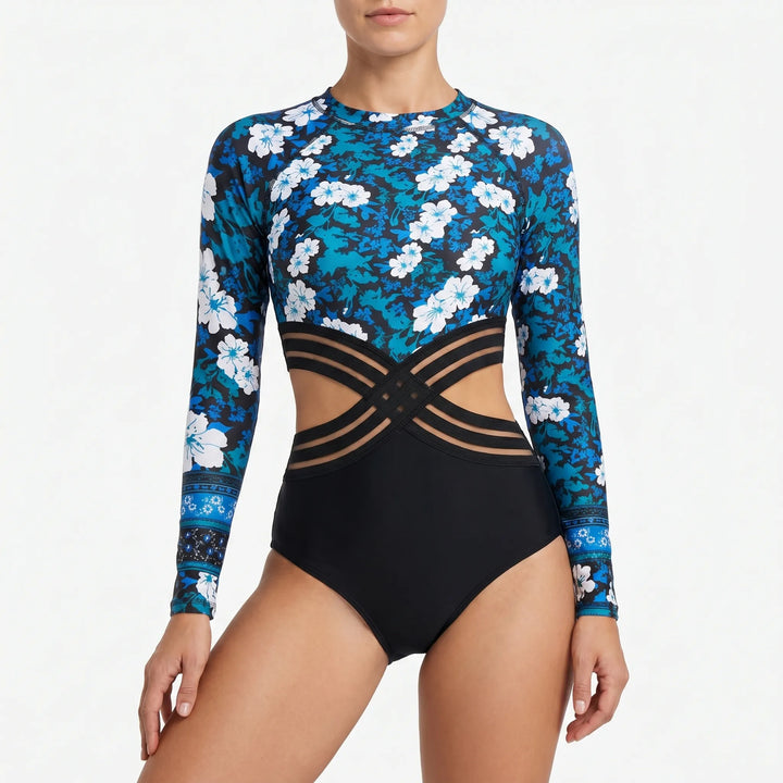 Chic women's long-sleeve monokini with flattering cutouts. Active one-piece swimsuit for stylish sun protection.