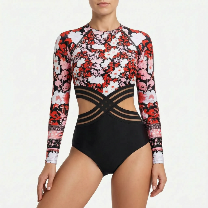Versatile women's long-sleeve cutout swimsuit, ideal for active beach days or poolside relaxation. Sun protection.