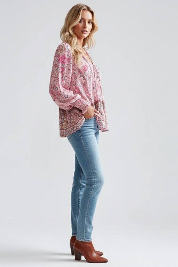 Loose fit women's floral long sleeve blouse. Comfortable V-neck top for everyday spring & summer style.