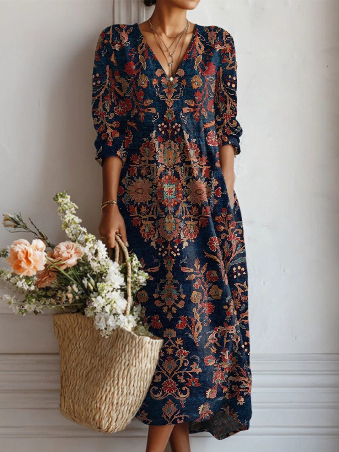 Women's long sleeve midi dress, comfortable regular fit, A-line, crew neck, perfect for casual daily wear.