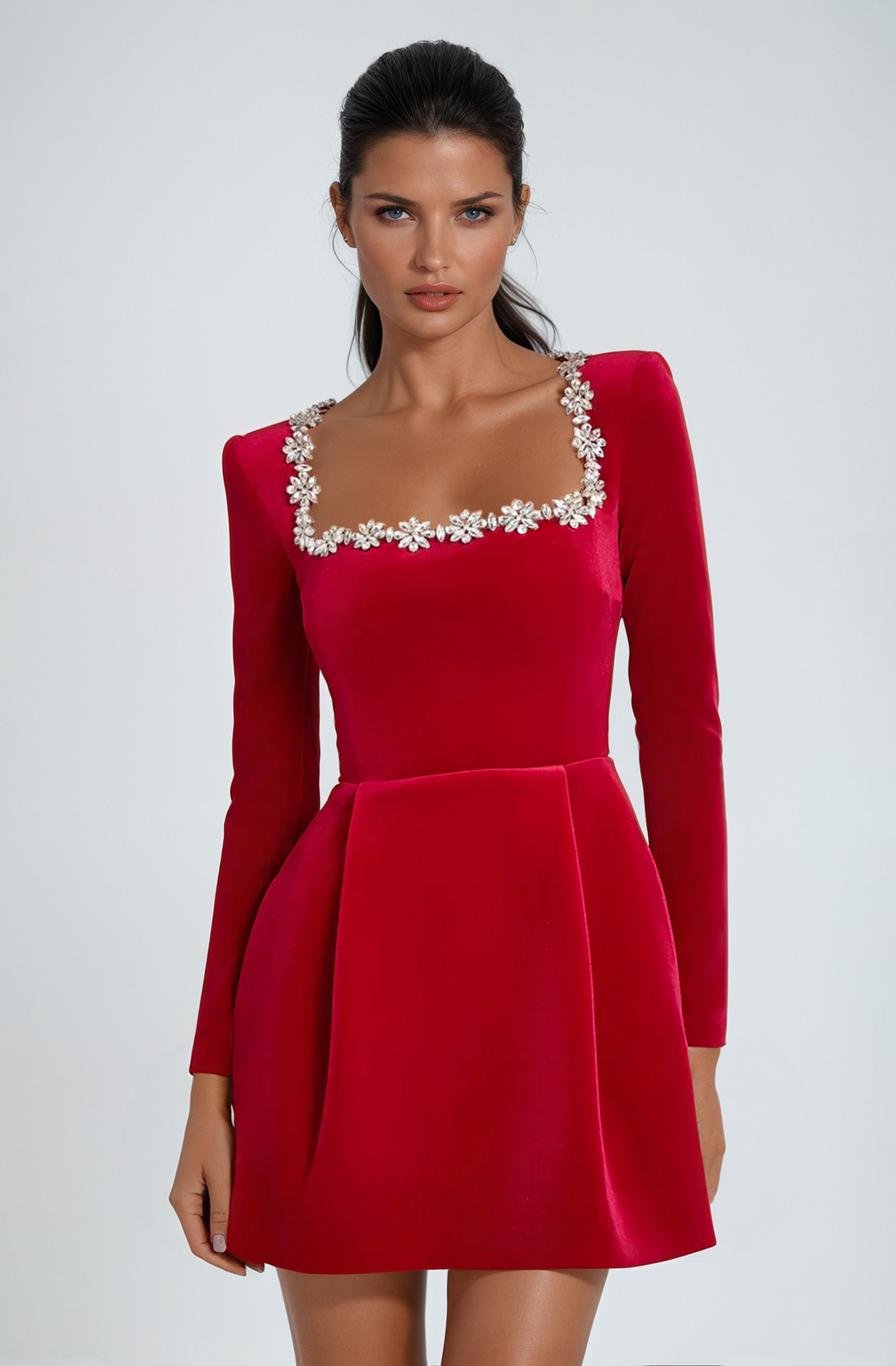 Stylish women's long sleeve mini wedding guest dress, suitable for cocktails & formal events.